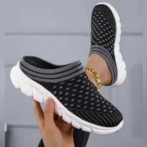 SHEIN Women’s Summer Slouchy Slip-ons Breathable Mesh Stripes & Dots Blacks 10.5